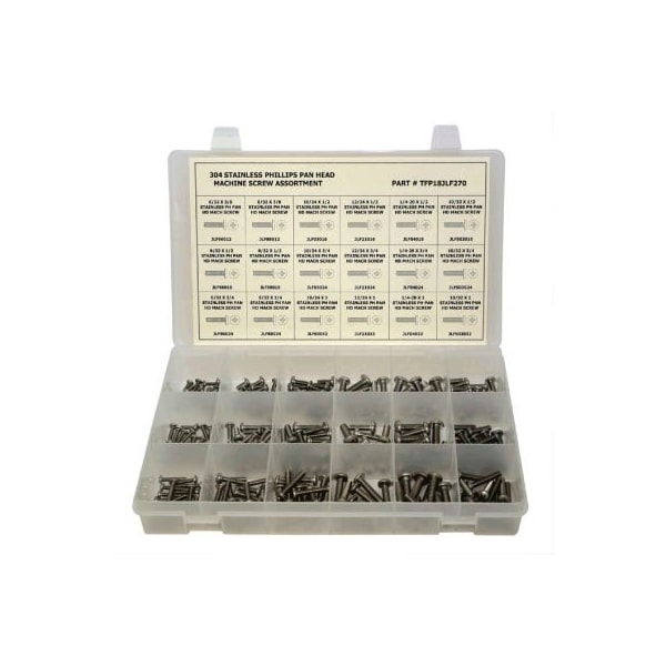 270 Piece Machine Screw Assortment - No 6 to 1/4" - Phillips Pan Head - 304 Stainless Steel